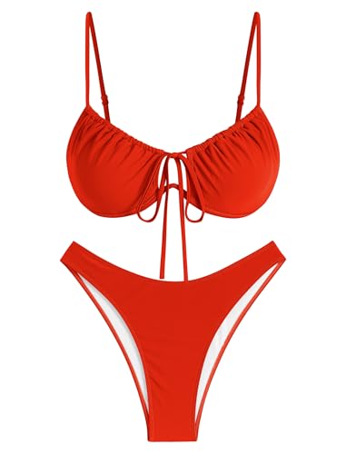 Image of ZAFUL Women High Cut Bikini Sets String Sexy Swimsuit Two Piece Underwire Bathing Suit Brazilian Cheeky Cut Out Cute Swimwear