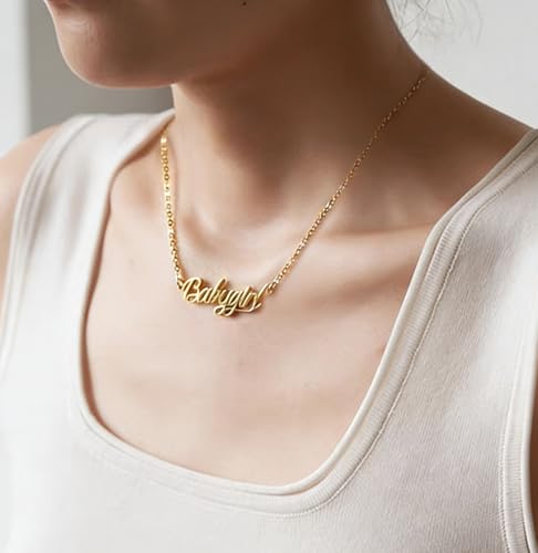 AOLO Sara Name Necklace for Women 18k Gold Plated Stainless Steel - Personalized Nameplate Jewelry Birthday Gift for Mom Adjustable Chain 16-18 Inch