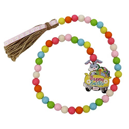 Guirlande de Perles de Bois de Pâques Printemps Ferme Guirlande de Perles en Bois avec étiquette de Lapin de Pâques Plateau Rustique Décor de Boho Perles Murale Décoration Cover