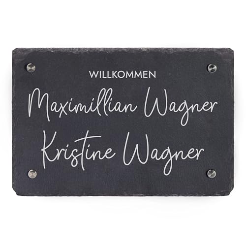 LAUBLUST Türschild personalisiert - Schiefer | 3 Größen - Schwarz | Hochzeitsgeschenke für Brautpaar | Terassendeko Outdoor | Namensschild Haustür - Willkommen Schild