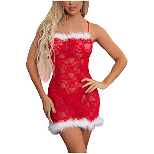 Women's Sexy Christmas Lingerie Strappy Chemise Santa Babydoll Mesh Nightgown Floral Lace Chemise Sheer Sleepwear Red
