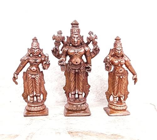 Image of Copper Idols of god Srinivasa Perumal with Sridevi and Bhudevi, 7.3 cm, 200 g, Patina Antique Finish, Pack of 1 Piece
