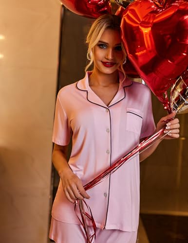 Ekouaer Damen Pyjama Set Kurz Schlafanzug Damen Kurzarm Nachtwäsche Sommer mit Knopfleiste V-Ausschnitt Zweiteiliger Baumwolle Hausanzug PJs, Hellrosa, L 5