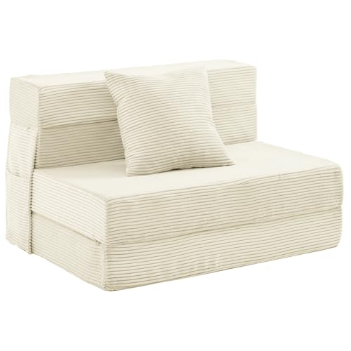 JKMAX Twin Size Folding Sofa Bed - 4 in 1 Convertible Sleeper Chair with Pillow - High Density Memory Foam Futon Couch - Foldable Bed for Living Room Bedroom (Beige)