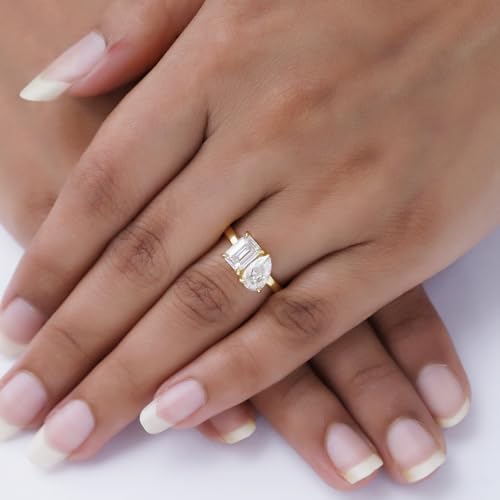 Toi Et Moi 2-Stone Engagement Wedding Ring 7X5MM Emerald Shape & 8X5MM Pear Cut Lab Created Moissanite In 14K Gold Plated Sterling Silver Jewelry Gift For Her (VVS1/1.75 Cttw)3
