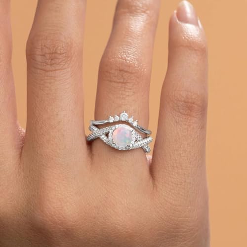 S925 Sterling Silver 1.5 Carat (ctw) White Opal Wedding Ring Sets for Women Halo Opal Bridal Set Round Cut Engagement Ring Sets for Her2