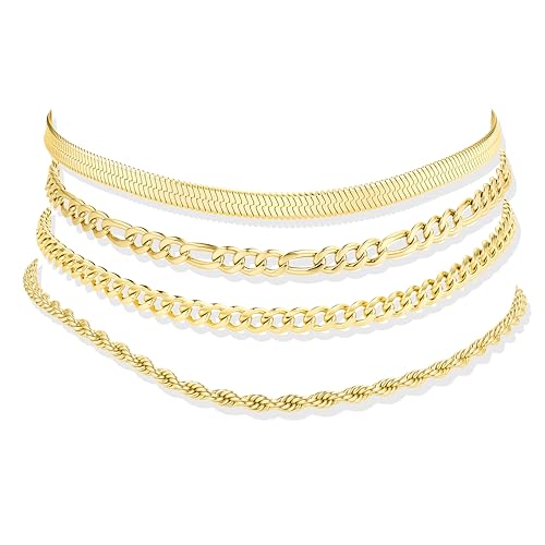 Image of Besteel Ankle Bracelets for Women Waterproof - 14K Gold Plated Non Tarnish Layered Cuban Link Chain Rope Figaro Herringbone Anklets Set Plus Size Anklet Summer Foot Jewelry Gift Adjustable 8-12 Inch