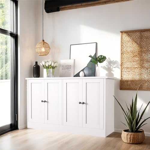 holzart White Buffet Storage Cabinet with 4 Door, 49\" W Coffee Bar Cabinet, Kitchen Buffet Sideboard for Living Room, Kitchen