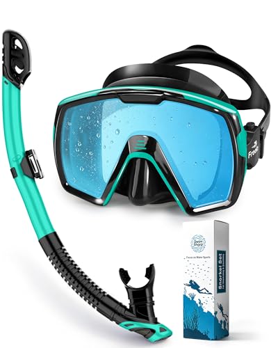 Freela Adult Dry Snorkel Set Scuba Diving Mask with Mirrored Blue Len, Tempered Glass 180° Wide View, Anti Fog No Leak Snorkeling Gear for Men Women Youth with Nose Cover for Breathing Swimming Diving