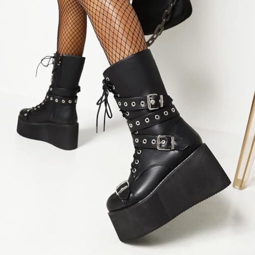 Womens Platform Mid Calf Combat Boots Winter Lace Up Wedge Heel Studded Goth Punk Buckle Motorcycle Knee High Boots2