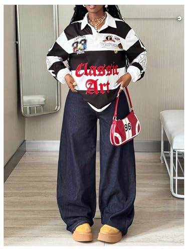 Image of RoseSeek Women's Color Block Graphic Jersey Shirt Long Sleeve Collared Golf T Shirts Y2K Tops Streetwear