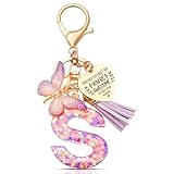 Anruzon Initial Letter Keychain, Women Tassel Butterfly Pendant Pink Purple Cute Car Keyrin, Purple and Gold Resin Alphabet Key Ring for Wallet, Personalised Keyring Bag