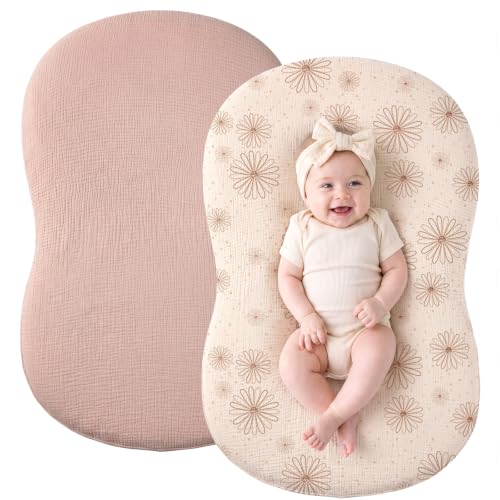Image of Termichy Muslin Baby Lounger Covers: 30x20 Fitted for Snuggle Me Lounger | Soft Boho Floral Baby Nest Slipcover - Breathable Newborn Nursery Decor - Removable & Machine Washable for Spit-up & Drool