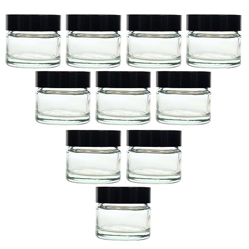 AVALON 10 PACK 15 ml / 0.5 oz Clear Glass Jars with Airtight Black Lids, Empty Refillable Cosmetic Containers, Glass Pot for Storage of Lotions, Face Creams, Ointment and Make Up