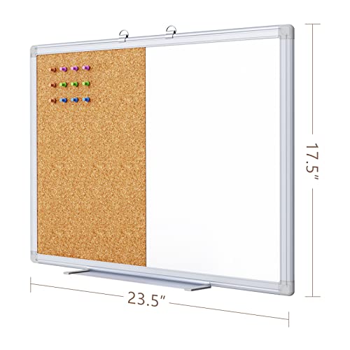 Magnetic Cork Board White Board Combo, Vision Board 2023, 24" X 18" Half Corkboard Whiteboard Combo, Bulletin Pin Board For Office Wall W/Markers, Eraser, Magnets, Pins #TOP7