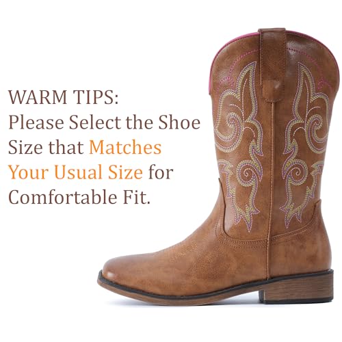 Image of IUV Cowboy Boots For Women Square Toe Cowgirl Wide Mid Calf Western Boots | Comfortable, Pull-on, Colorful Embroidered, Vintage-modern, Stylish for Daily Life and Outdoor Adventures.