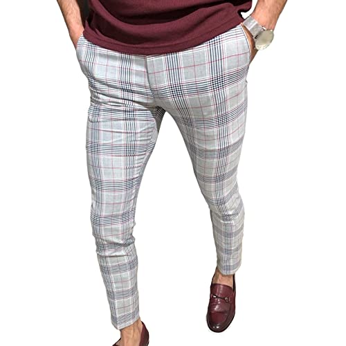 Men's Plaid Stretch Dress Pants Stripe Skinny Fit Flat Front Formal Pant Casual Slim Business Pencil Trouser