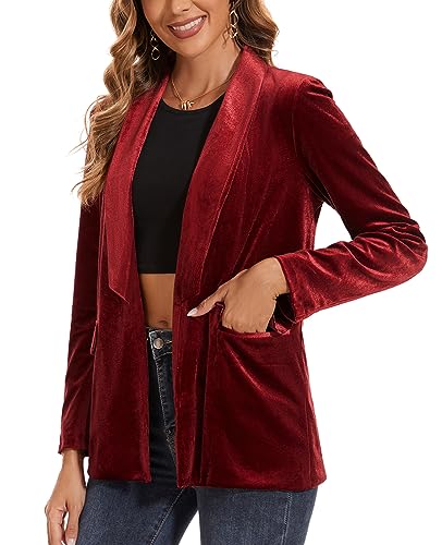 MINTLIMIT Women's Long Sleeve Velvet Cardigan Jacket Open Front Shawl Collar Outerwear Coat Velour Blazers (Wine Red - Size M), Medium2