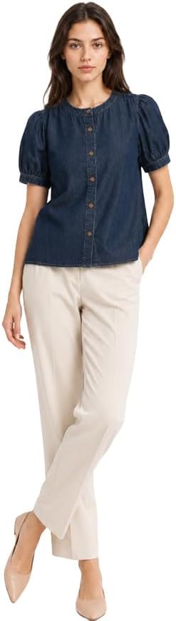 SUNNOW Women's Denim Puff Sleeve Button Down Shirt Classic Casual Short Sleeve Blouse with Relaxed Fit Lightweight Jean Top