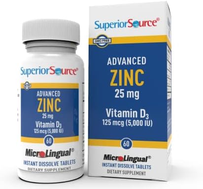 Superior Source Advanced Zinc, with Zinc (25 mg) and D3 (5,000 IU), Quick Dissolve MicroLingual Tablets, 60 Ct, Promotes a Healthy Immune System, Non-GMO