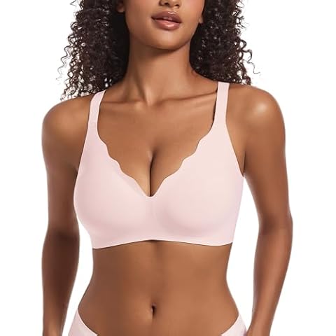 Soft Bras for Women No Underwire Scalloped Bralettes Seamless with Full Coverage Cross Back,Pink,M Cover