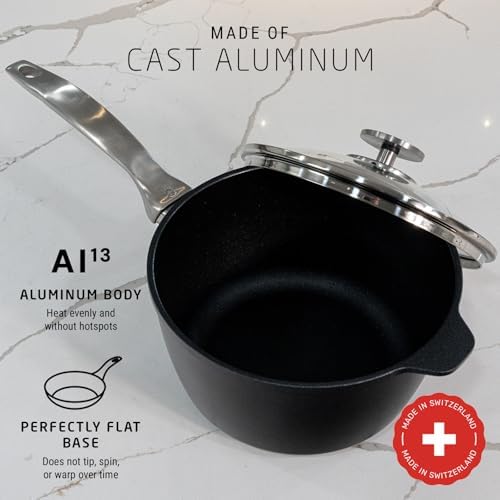 Swiss Diamond Sauce Pan with Lid, Diamond Coated Aluminum Non Stick Sauce Pan with Stainless Steel Handle, Oven & Dishwasher Safe, 8 Inch 3.2 Quart, Grey - Thumbnail 3
