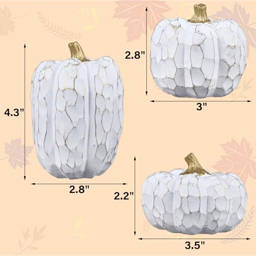 Image of winemana Set of 3 White Pumpkins Fall Decorations for Home | Resin, Textured Neutral Pumpkin, Thanksgiving Centerpiece For Table, Mantel, Porch & Indoor, Farmhouse Autumn Harvest Decor