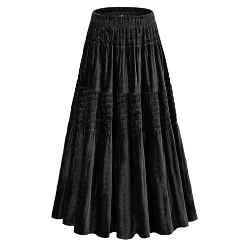 Women's Velvet Pleated Midi Skirt Elastic High Waist Fall Winter Tiered A-Line Party Long Skirts