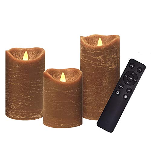 Image of iZAN 3 Pack Real Wax Flameless Candles Battery Operated LED Pillar Flickering Realistic Electric Candle Gift Sets with Remote Control and Cycling 24 Hours Timer 3 inchD X 4 inch 5 inch 6 inch H (Brown)