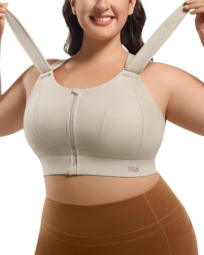 Image of High Impact Zip Front Adjustable Sports Bra No Bounce Plus Size Criss Cross Bras for Women Running Workout (Small, Cloud Cream New)