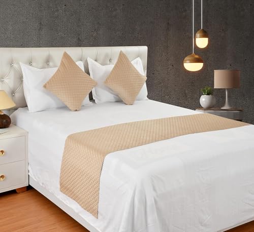 Image of KIB 200 TC Beige Velvet Usey Quilting Bedsheet Runner Set