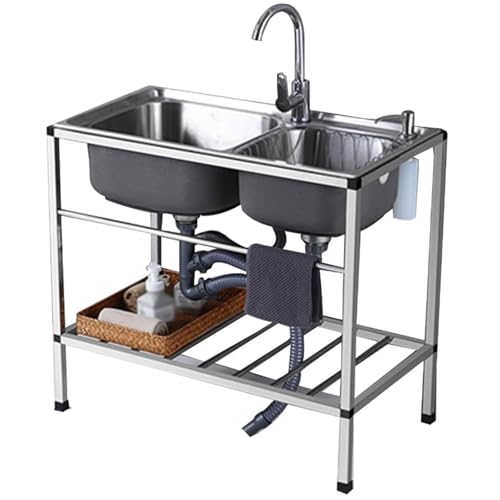JYHHGDS Fregadero de Exterior de Acero Inoxidable de Doble cubeta, Fregadero de Cocina Comercial Independiente con Grifo de Agua fría.