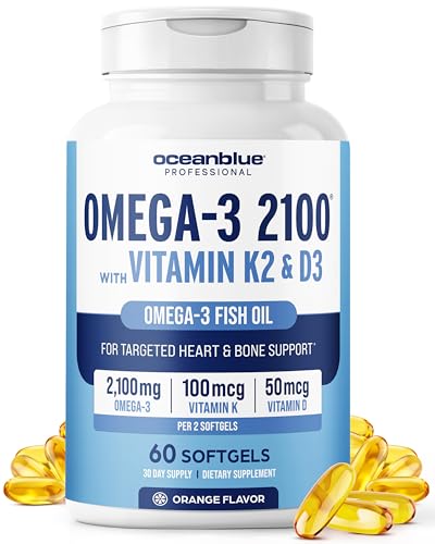 Oceanblue Professional Omega-3 2100 with Vitamin K2 and D3 - Triple Strength DPA EPA DHA Omega 3 Supplement - Burpless Wild Caught Fish Oil - Orange Flavor 60 Softgels (30 Servings)