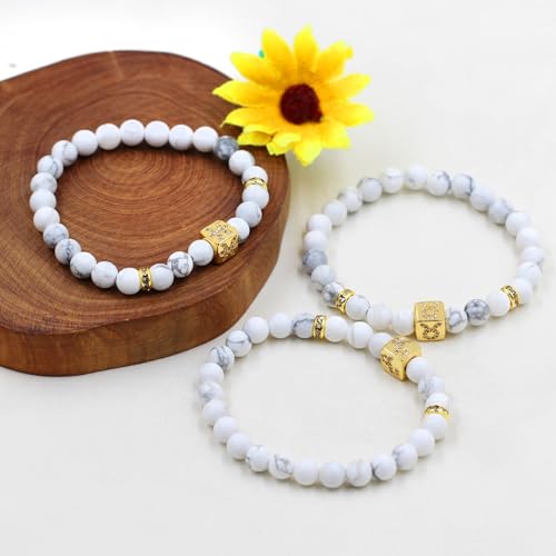 Image of Inlaid Zircon 12 Constellation Adjustable Stretch Bracelet - 6mm Frosted White Turquoise Beaded Bracelets for Women Men SJYA4647