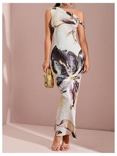 Image of GORGLITTER Women's Long Floral Dress Asymmetrical One Shoulder Sleeveless Bodycon Maxi Dress
