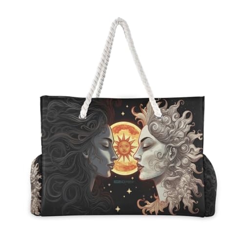 Sun and Moon Beach Bag with Top Zipper Closure, Waterproof Pool Bag, Large Beach Tote for Women#4852