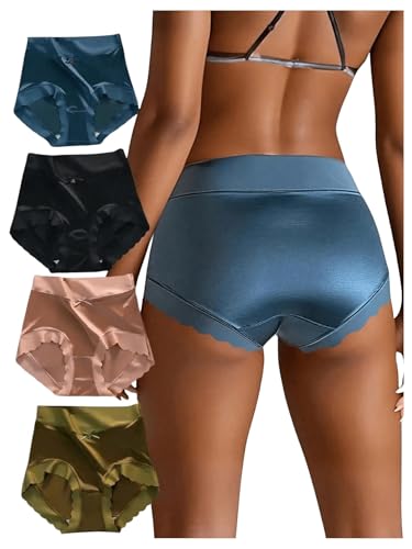 SOLY HUX Women's Satin Silk Briefs Scallop Trim No Show Underwear Lingerie Mid Rise Panties 4 Piece
