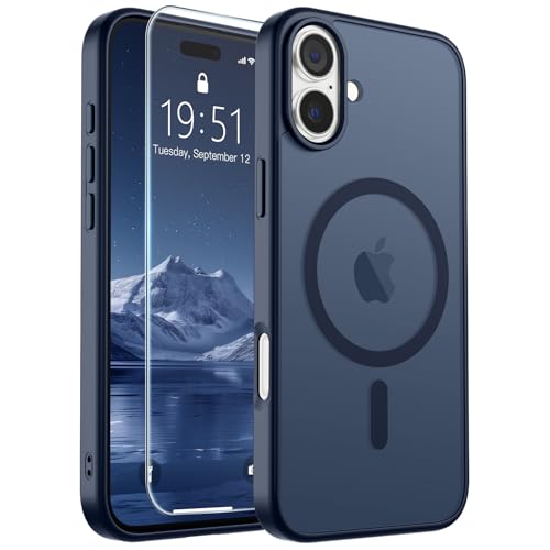 Image of SUPFINE Magnetic for iPhone 16 Plus Case with Screen Protector (Compatible with MagSafe) (Military Grade Drop Protection) Translucent Matte Shockproof Phone Cover,Dark Blue