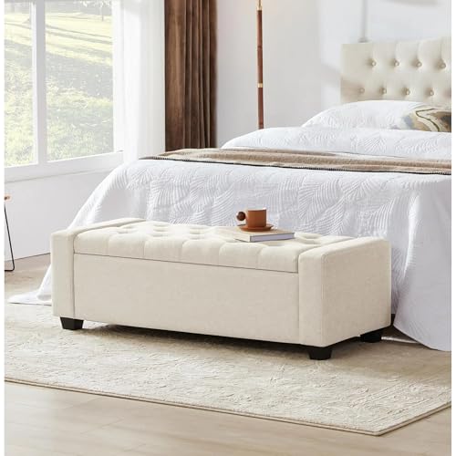 Image of Storage Ottoman Bench with Safety Hinge | Upholstered Tufted End of Bed Bench with Hidden Storage | Bedroom Living Room Entryway Seating | Modern Rectangular Footrest Seat | Fabric Bench Beige