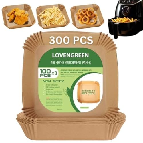 LOVENGREEN | 300 Bulk | 3-100 pc Packs | 7.9 Inch Square Air Fryer Liners Disposable | Unbleached | Parchment Paper Basket Liner for Ninja, Cuisinart, Cosori, Instapot, Phillips Most Brands |