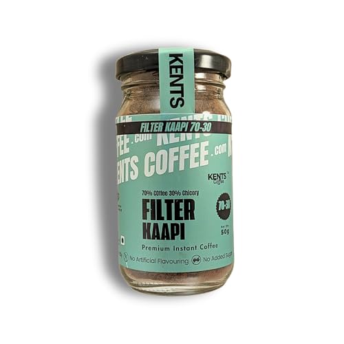 Image of Kents Coffee 70-30 Instant Filter Kaapi | Traditional South Indian Filter Coffee Taste in 30 Seconds | 70% Coffee 30% Chicory | Strong & Bold | No Added Sugar | Hot & Cold Coffee | No Sugar | No Preservatives | Chikmagalur Estate | No Flavour 50g Glass Jar