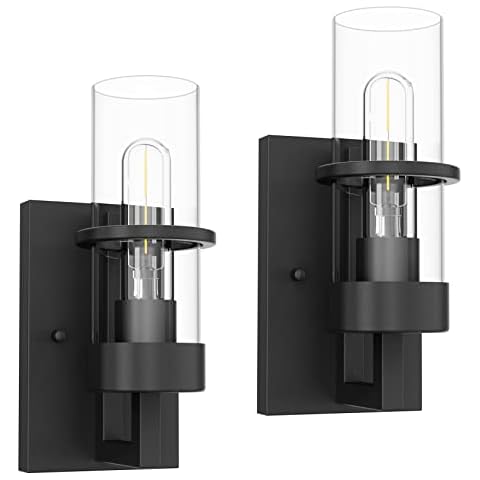 Tipace Black Hardwired Wall Sconces Set of 2,Modern Bathroom Vanity Sconces Wall Lighting with Clear Glass Shade,Farmhouse Wall Mount Lights for Mirror Bedroom Living Room Hallway Kitchen Cover