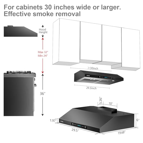 Image of HisoHu 30 Inch Under Ducted Cabinet Range Hood with 1200 CFM, 4 Speed Gesture Sensing Kitchen Exhaust Hood & Touch Control Panel, Stainless Steel Stove Vent Hood with 2 LED Lights（Black）