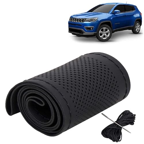 Image of KINGSWAY PU Leatherite Car Steering Cover Sewable Compatible with Jeep Compass (Year 2017-2020), Black Color with Black Thread, Pack of 1 with Sewing Needle and Thread
