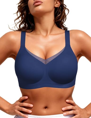 Image of Vertvie Wireless Jelly Bra Seamless Supportive Crossover | Full Coverage & Lift, Mesh V-Neck, No Underwire, Back Smoothing, Push Up, Plus Size, All-Age Comfort, Everyday T-shirt Bra