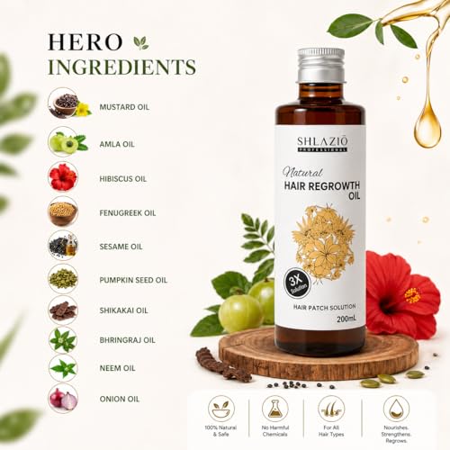 Image of SHLAZIO Professional Natural Hair Regrowth Oil for Hair Fall Control & Hair Patch Care | Herbal Hair Growth Oil | 200ml