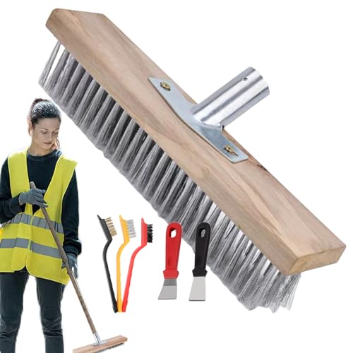 Escoba con cerdas rígidas, escoba de terraza, robusto cepillo de acero | Escoba de terraza con soporte de metal resistente para terrazas, suelos de baldosas de hormigón