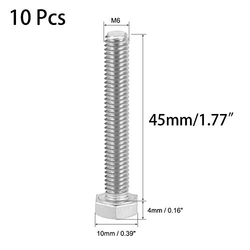 Image of 10 Pcs M6 Hex Bolt M6-1 x 45mm UNC Hex Head Screw Bolts A2-70(304) Stainless Steel Fully Threaded Hex Tap Bolts,Plain Finish,Fully Threaded (M6 x 45mm)