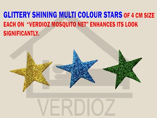 Image of VERDIOZ Mosquito Net for Double Bed King Size with Multicolor 4cm Glittery Star Design | Strong 28 GSM White Net | Steel Wire | 2 Doors Foldable Machardani - (Red with Stars)
