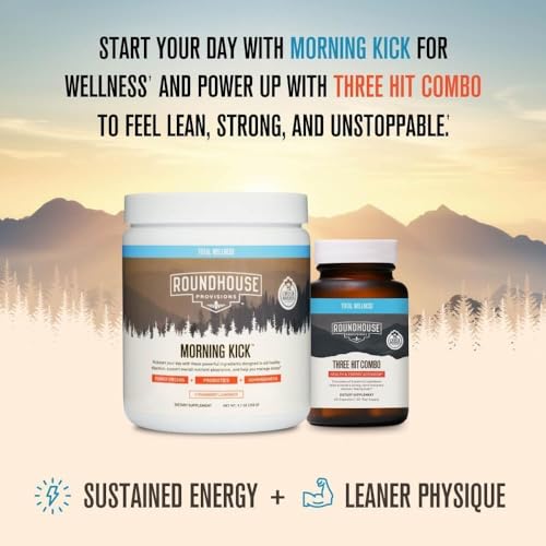 Image of ROUNDHOUSE PROVISION Morning Kick, Greens Superfood Powder Supplement with Ashwagandha, Collagen & Probiotics - Sugar Free, Caffeine Free (3 Pack, Strawberry Lemonade Flavor) by Chuck Norris